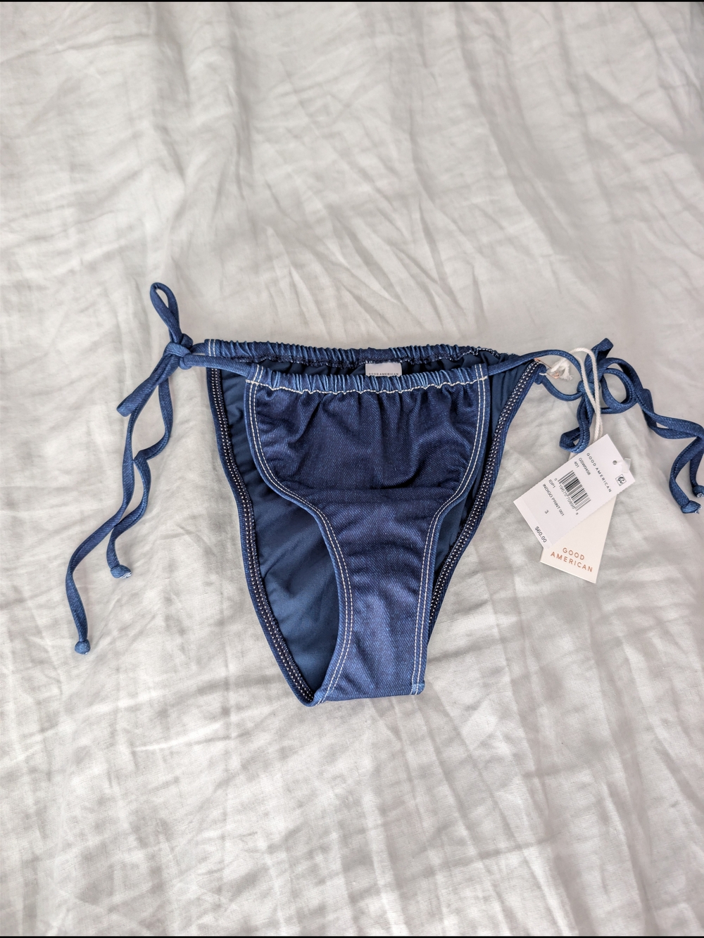 Good American Denim Print Side Tie Bikini Bottom Indigo NWT Size 3 Medium 8-10